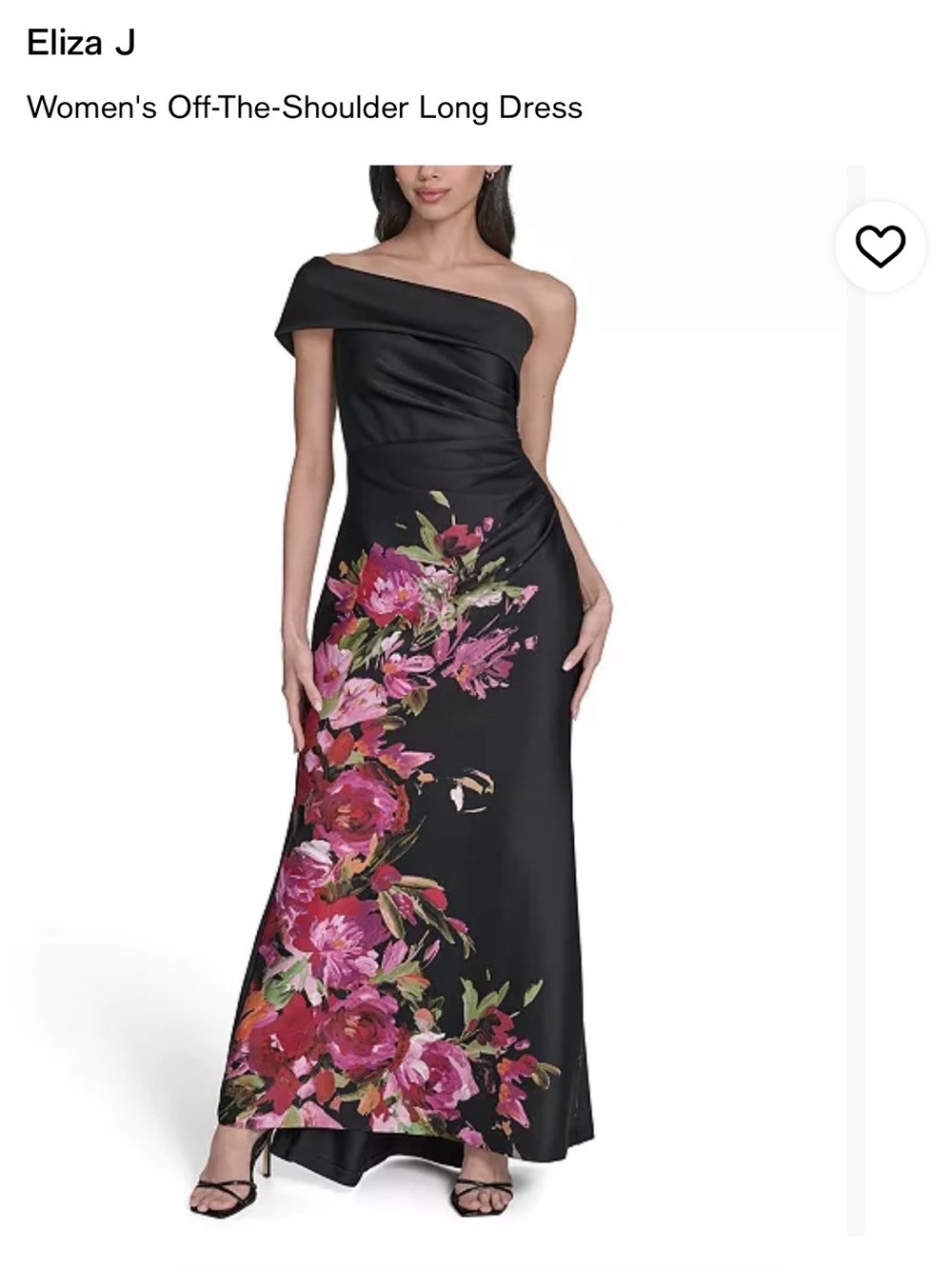 Eliza J Black One-Shoulder Evening Gown with Pink Floral Print- Size 12